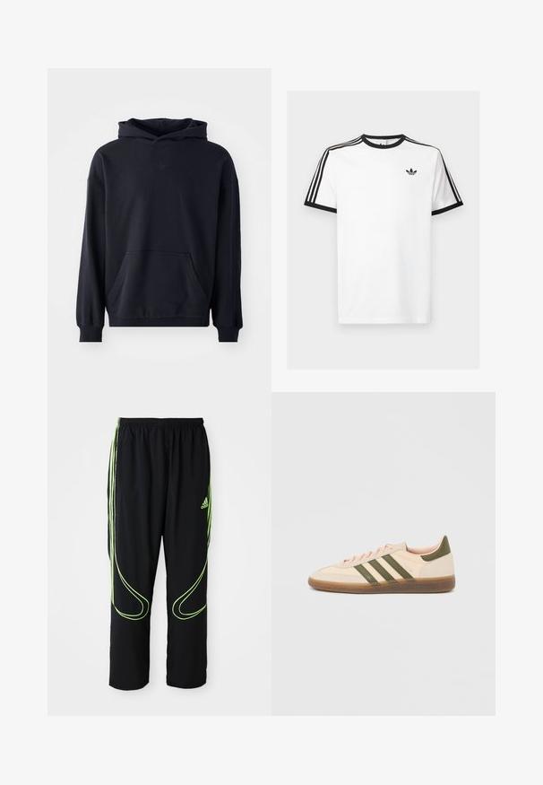 Sort hættetrøje lavet af blødt stof, med en frontlomme, lange ærmer, ribbede manchetter, og et diskret logo på brystet.; Hvid bomulds t-shirt med sort ribkant ved hals og ærmer, med tre sorte striber på hver skulder og et lille logo på brystet.; Sorte Adidas sportbukser med neongrønne buede linjer og tre striber på siderne, elastisk livrem og Adidas-logo på forsiden af låret.; Beige Adidas Spezial sneaker med lav profil, grønne striber, gummisål og "SPEZIAL"-branding på siden, vist fra ydersiden.