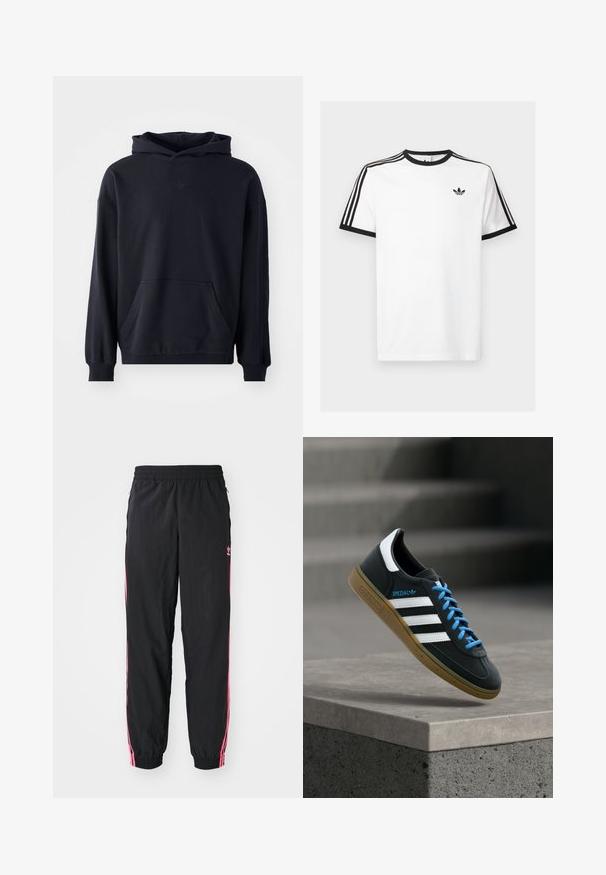 Sudadera con capucha negra, fabricada en un tejido suave, que presenta un bolsillo frontal, mangas largas, puños de canalé y un logo sutil en el pecho.; Camiseta de algodón blanca con cuello y mangas de canalé negro, con tres rayas negras en cada hombro y un pequeño logo en el pecho.; Pantalones tipo chándal negros con rayas laterales rosas, cinturilla elástica y puños ajustados. Presenta un acabado sutil en la parte izquierda de la pierna. Textura suave.; Zapatilla negra Adidas con franjas blancas, cordones azules y suela de goma flotando sobre un escalón de hormigón gris con luz suave.