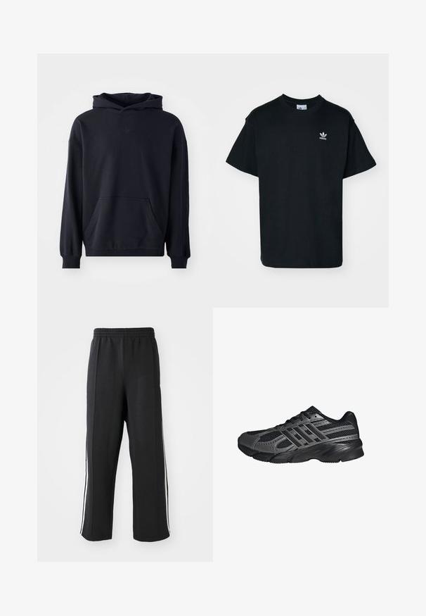 Sudadera con capucha negra, fabricada en un tejido suave, que presenta un bolsillo frontal, mangas largas, puños de canalé y un logo sutil en el pecho.; Camiseta de algodón negra con cuello redondo y mangas cortas, que presenta un pequeño logo blanco de Adidas en la zona izquierda del pecho.; Pantalones de chándal negros con cintura elástica, con franjas laterales blancas y un corte relajado. Hechos de una tela suave y elástica.; Zapatillas deportivas negras hechas de malla y materiales sintéticos, que presentan una superficie texturizada, múltiples rayas grises y un collar acolchado.