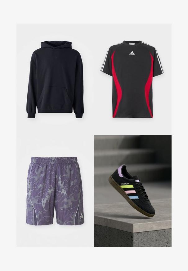 Zwarte capuchontrui van zacht stof, met een voorzak, lange mouwen, geribde boorden en een subtiele logo op de borst.; Zwart T-shirt met korte mouwen, rode accenten aan de zijkanten, wit Adidas-logo op de borst en witte strepen op de schouders. Gemaakt van een gladde stof.; Paarse sportshorts met abstracte zilveren patronen, elastische tailleband, zijpiping en het Adidas-logo op de rechteronderkant van het broekspijp.; Zwarte Adidas Spezial sneaker met pastelgele, roze en blauwe strepen, lavendelkleurig hielhaakje en bruine zool, zwevend boven een betonnen richel.