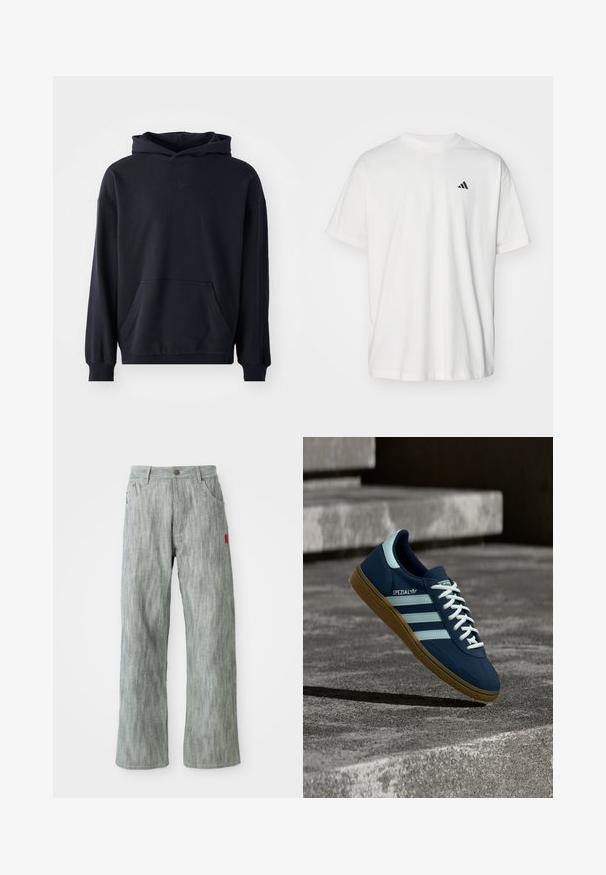 Sort hættetrøje lavet af blødt stof, med en frontlomme, lange ærmer, ribbede manchetter, og et diskret logo på brystet.; Hvid bomulds t-shirt med korte ærmer, rund hals og et lille sort Adidas-logo på venstre bryst. Blød tekstur, afslappet pasform.; Lys grå lige ben jeans med for- og baglommer, knaplukning og et lille rødt stofmærke på højre side.; Blå Adidas Spezial sneaker med hvide striber og snørebånd, gummisål, svævende over en ru betongoverflade og trin i baggrunden.