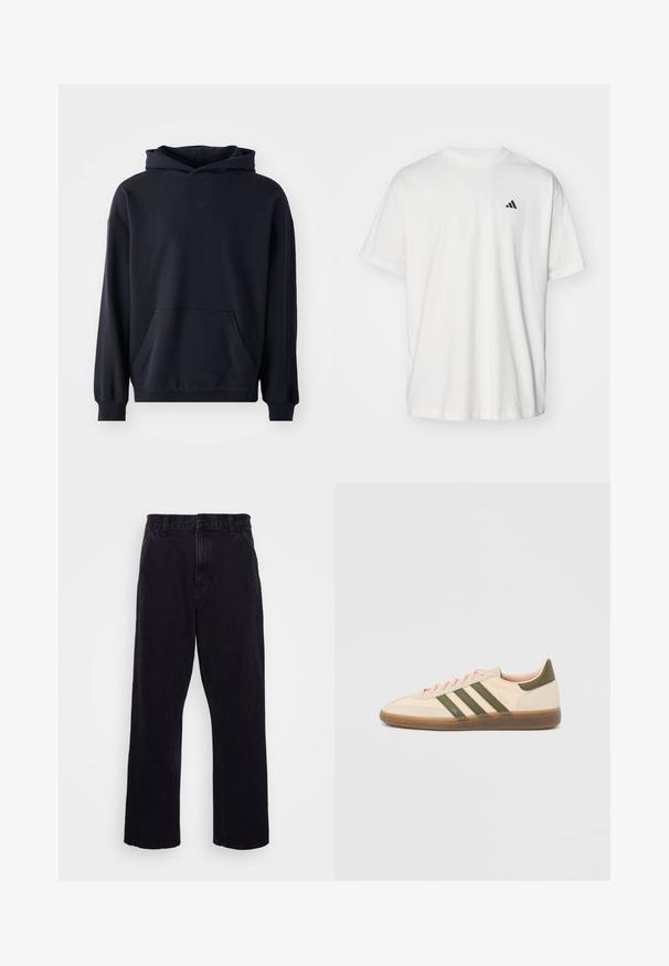 Zwarte capuchontrui van zacht stof, met een voorzak, lange mouwen, geribde boorden en een subtiele logo op de borst.; Witte katoenen t-shirt met korte mouwen, ronde hals en een klein zwart Adidas-logo op de linkerzijde van de borst. Zachte textuur, casual pasvorm.; Zwarte denim broek met een rechte pijpdesign, voorzien van een knoop- en ritssluiting, riemlussen en minimale stikdetails.; Beige Adidas Spezial sneaker met een laag profiel, groene strepen, een gumkleurige zool en "SPEZIAL" branding aan de zijkant, gezien vanaf de buitenzijde.