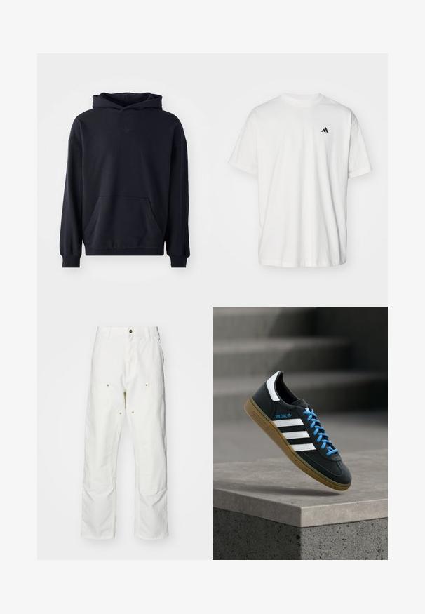 Sudadera con capucha negra, fabricada en un tejido suave, que presenta un bolsillo frontal, mangas largas, puños de canalé y un logo sutil en el pecho.; Camiseta de algodón blanca con mangas cortas, cuello redondo y un pequeño logo negro de Adidas en el lado izquierdo del pecho. Textura suave, ajuste casual.; Pantalones cargo de algodón blancos con un corte relajado. Las características incluyen bolsillos frontales, detalles en dorado y secciones de rodilla reforzadas.; Zapatilla negra Adidas con franjas blancas, cordones azules y suela de goma flotando sobre un escalón de hormigón gris con luz suave.