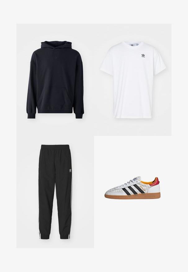 Sudadera con capucha negra, fabricada en un tejido suave, que presenta un bolsillo frontal, mangas largas, puños de canalé y un logo sutil en el pecho.; Camiseta blanca de algodón con mangas cortas, escote redondo y un logo negro de Adidas con tres franjas en la zona del lado izquierdo del pecho.; Pantalones de chándal negros con cintura y dobladillos elásticos, con franjas laterales blancas y un pequeño logo blanco de Adidas en la cadera izquierda.; Zapatilla Adidas Spezial blanca con rayas negras, suela de goma, patrón acolchado, lengüeta roja en el talón y forro interior amarillo, vista lateral.