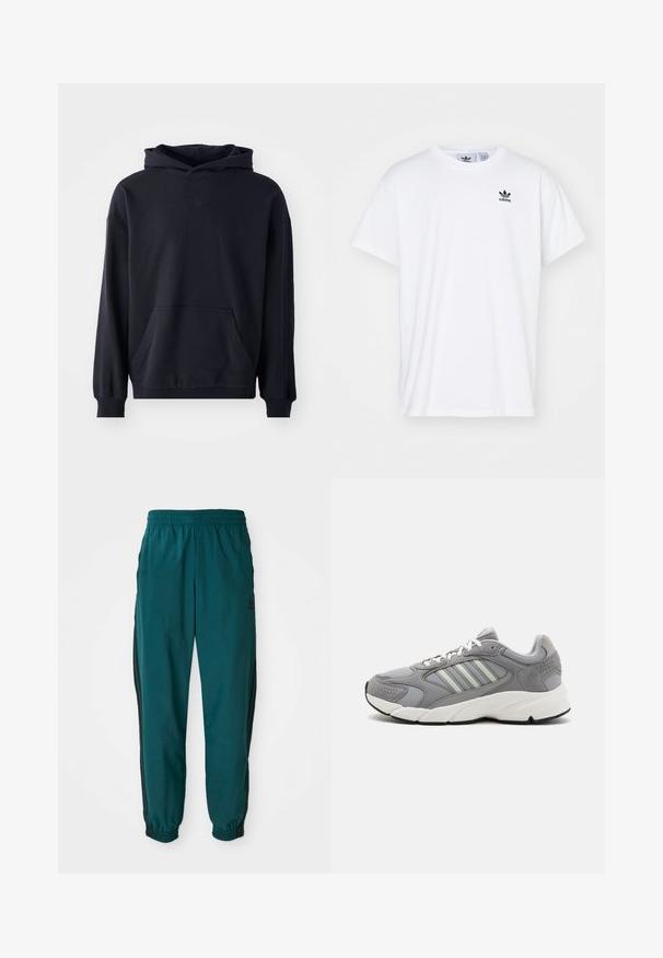 Sudadera con capucha negra, fabricada en un tejido suave, que presenta un bolsillo frontal, mangas largas, puños de canalé y un logo sutil en el pecho.; Camiseta blanca de algodón con mangas cortas, escote redondo y un logo negro de Adidas con tres franjas en la zona del lado izquierdo del pecho.; Pantalones deportivos en color verde azulado con cintura ajustable por cordón, puños elásticos y rayas negras en los lados. Fabricados con un tejido ligero, presentan un logo cerca de la cadera.; Zapatilla deportiva gris con materiales de malla y ante, que presenta cordones blancos, un collar acolchado y una entresuela blanca volumétrica con acentos texturizados.