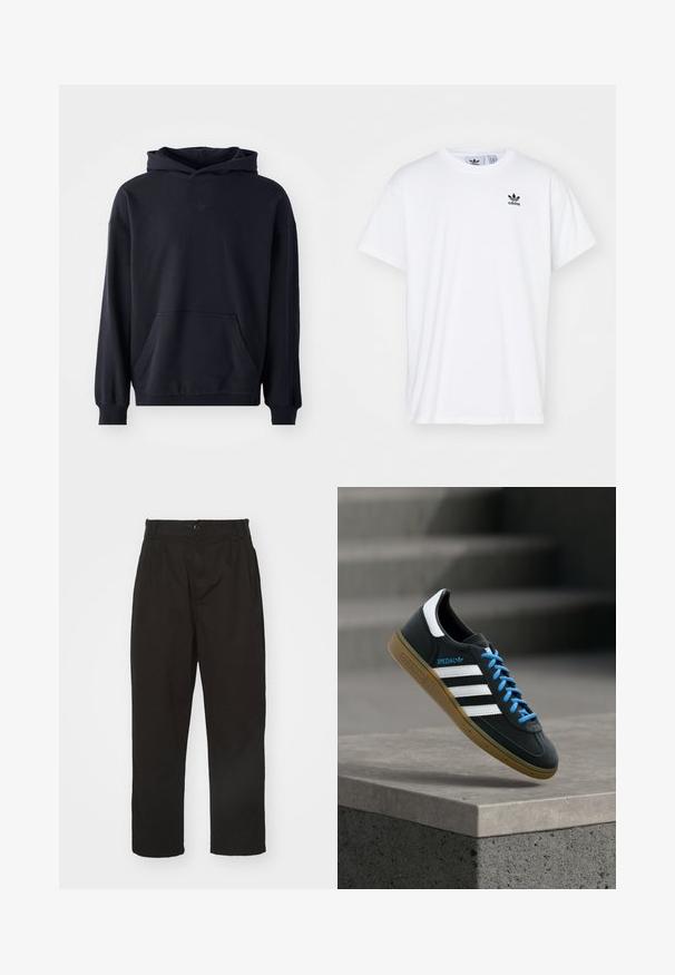 Sort hættetrøje lavet af blødt stof, med en frontlomme, lange ærmer, ribbede manchetter, og et diskret logo på brystet.; Hvid bomulds T-shirt med korte ærmer, rund halsudskæring og et sort Adidas-logo med tre striber på venstre brystområde.; Sorte bukser lavet af glat stof, med knaplukning, lige pasform og to frontfolder for ekstra detalje.; Sort Adidas sneaker med hvide striber, blå snørebånd og gummisål, der svæver over gråt betontrin i blødt lys.