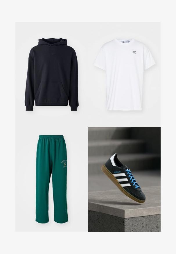 Sudadera con capucha negra, fabricada en un tejido suave, que presenta un bolsillo frontal, mangas largas, puños de canalé y un logo sutil en el pecho.; Camiseta blanca de algodón con mangas cortas, escote redondo y un logo negro de Adidas con tres franjas en la zona del lado izquierdo del pecho.; Pantalones deportivos verdes de tela suave, con cintura elástica, impresión de logo en un lado y franjas laterales blancas. Corte regular.; Zapatilla negra Adidas con franjas blancas, cordones azules y suela de goma flotando sobre un escalón de hormigón gris con luz suave.