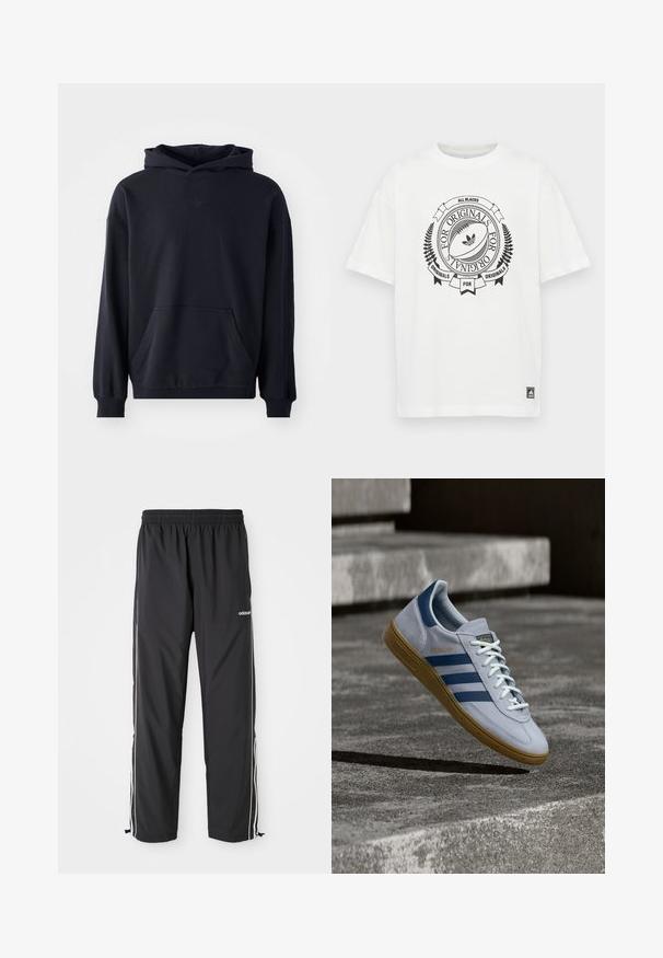 Sort hættetrøje lavet af blødt stof, med en frontlomme, lange ærmer, ribbede manchetter, og et diskret logo på brystet.; Hvid bomuld t-shirt med rund halsudskæring og korte ærmer. Har et sort grafisk design med en rugbybold og tekst.; Sorte atletiske bukser lavet af letvægtsstof, med hvide sidelister, elastisk talje og justerbare ankelmanchetter.; Lyseblå Adidas Spezial sneakers med marineblå striber og gummisål, vist i luften over betontrapper i et neutralt udendørsmiljø.