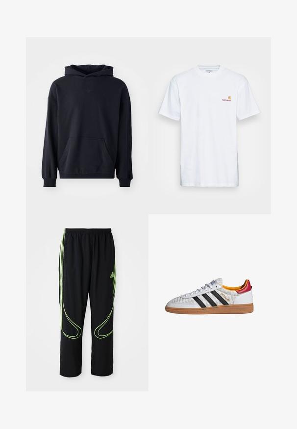 Sudadera con capucha negra, fabricada en un tejido suave, que presenta un bolsillo frontal, mangas largas, puños de canalé y un logo sutil en el pecho.; Camiseta de algodón blanca de manga corta. Diseñada con un pequeño logotipo naranja y marrón en el lado izquierdo del pecho. Presenta un cuello redondo clásico.; Pantalones deportivos Adidas negros con líneas curvas en verde neón y tres franjas en los laterales, cinturilla elástica y logo de Adidas en el muslo delantero.; Zapatilla Adidas Spezial blanca con rayas negras, suela de goma, patrón acolchado, lengüeta roja en el talón y forro interior amarillo, vista lateral.