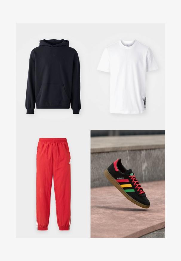 Sort hættetrøje lavet af blødt stof, med en frontlomme, lange ærmer, ribbede manchetter, og et diskret logo på brystet.; Hvid bomulds-t-shirt med korte ærmer, rund halsudskæring og et sort Adidas-logo-patch på nedre venstre side. Glat struktur.; Røde atletikbukser af letvægtsmateriale med elastisk taljebånd, hvide sideliver og et lille logo på det øverste ben.; Sort Adidas Spezial-sneaker med røde, gule og grønne striber, røde snørebånd, gummisål og rødt hældetalje, vist svævende over fortovet.