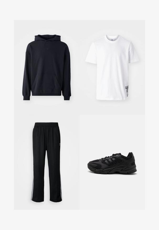 Sort hættetrøje lavet af blødt stof, med en frontlomme, lange ærmer, ribbede manchetter, og et diskret logo på brystet.; Hvid bomulds-t-shirt med korte ærmer, rund halsudskæring og et sort Adidas-logo-patch på nedre venstre side. Glat struktur.; Sorte træningsbukser med elastisk talje, der har hvide sidestænger og et lille logo. Materialet ser blødt og let ud.; Sorte træningssko med en kombination af åndbart mesh og syntetiske materialer. Distinct tekstureret sål og tre sorte striber på siden.