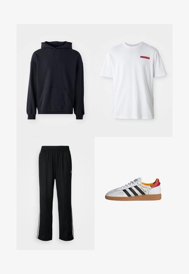 Sudadera con capucha negra, fabricada en un tejido suave, que presenta un bolsillo frontal, mangas largas, puños de canalé y un logo sutil en el pecho.; Camiseta de algodón blanca con cuello redondo, mangas cortas y un pequeño detalle gráfico rojo en el área del pecho izquierdo.; Pantalones deportivos negros con cintura elástica, que presentan rayas laterales blancas y un pequeño logotipo. El material parece suave y ligero.; Zapatilla Adidas Spezial blanca con rayas negras, suela de goma, patrón acolchado, lengüeta roja en el talón y forro interior amarillo, vista lateral.