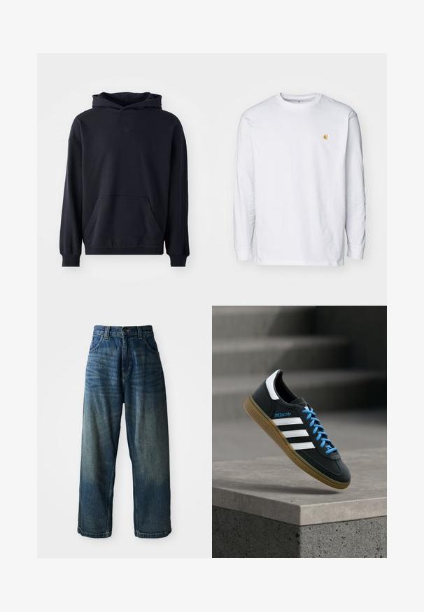 Zwarte capuchontrui van zacht stof, met een voorzak, lange mouwen, geribde boorden en een subtiele logo op de borst.; Witte lange mouwen t-shirt van katoen. Voorzien van een klein gouden logo op de borst en een ronde hals. Eenvoudig ontwerp en standaard pasvorm.; Wijdvallende blauwe denim jeans met een vervaagde afwerking. Bevat vijf zakken, een knoopsluiting en contrasterende stiksels. Zwaar gewicht stof.; Zwarte Adidas-sneaker met witte strepen, blauwe veters en een gumzool die boven een grijze betonnen trede zweeft in zacht licht.