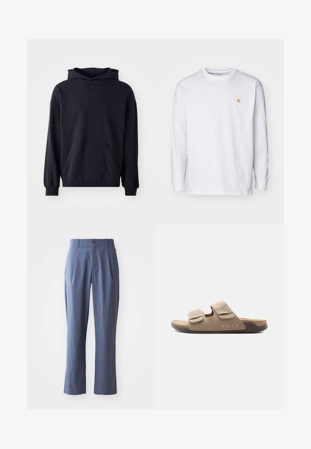 Sudadera con capucha negra, fabricada en un tejido suave, que presenta un bolsillo frontal, mangas largas, puños de canalé y un logo sutil en el pecho.; Camiseta de manga larga blanca de algodón. Cuenta con un pequeño logo dorado en el pecho y un cuello redondo. Diseño simple y corte estándar.; Pantalones azul marino con pinzas, de corte recto, fabricados en tela ligera, con un cierre frontal de un solo botón y trabillas para el cinturón.; Sandalia tipo pala beige con dos correas ajustables y plantilla acolchada, vista lateral sobre fondo blanco.