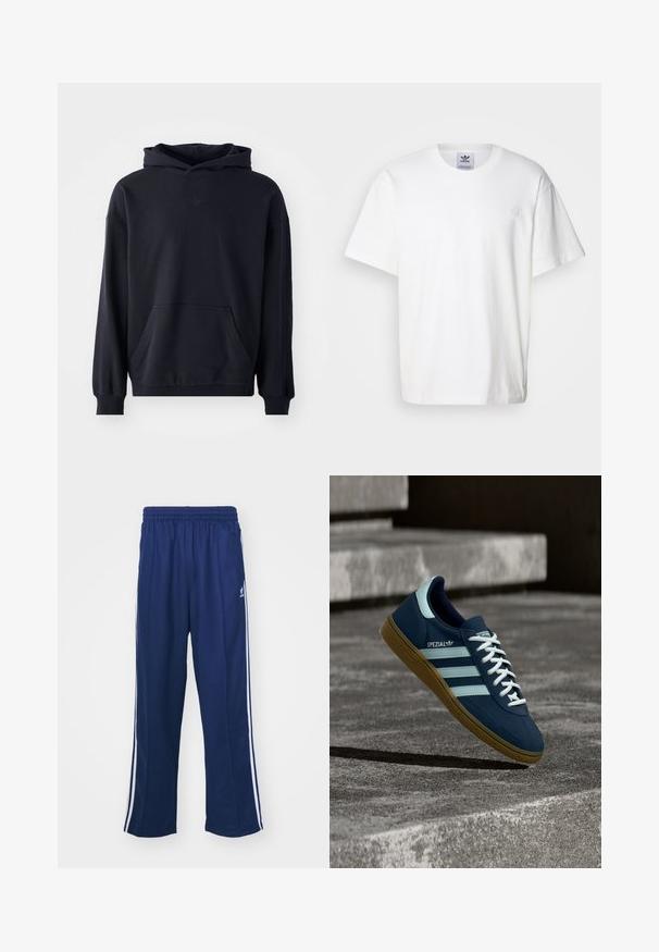 Sudadera con capucha negra, fabricada en un tejido suave, que presenta un bolsillo frontal, mangas largas, puños de canalé y un logo sutil en el pecho.; Camiseta de algodón blanca con cuello redondo y mangas cortas. Presenta un pequeño logotipo bordado en el pecho. Diseño simple y clásico.; Pantalones deportivos en azul marino con un corte relajado, que presentan franjas laterales blancas y una cintura elástica. Tejido suave, sin patrones visibles ni herrajes.; Zapatilla azul Adidas Spezial con rayas y cordones blancos, suela de goma, flotando sobre una superficie de hormigón rugosa y escaleras de fondo.