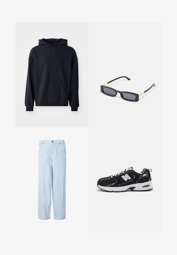 Sudadera con capucha negra, fabricada en un tejido suave, que presenta un bolsillo frontal, mangas largas, puños de canalé y un logo sutil en el pecho.; Pantalones vaqueros azul claro de pierna ancha con cintura alta, dos bolsillos delanteros y costuras visibles. La tela tiene una textura suave y desgastada.; Zapatillas deportivas en negro y gris con parte superior de malla y ante, que cuentan con una entresuela blanca, cordones y un llamativo logo "N" en el lateral.; Gafas de sol rectangulares negras con lentes oscuros. Las varillas son delgadas y planas, con un acento dorado. Montura de plástico suave con un acabado mate.