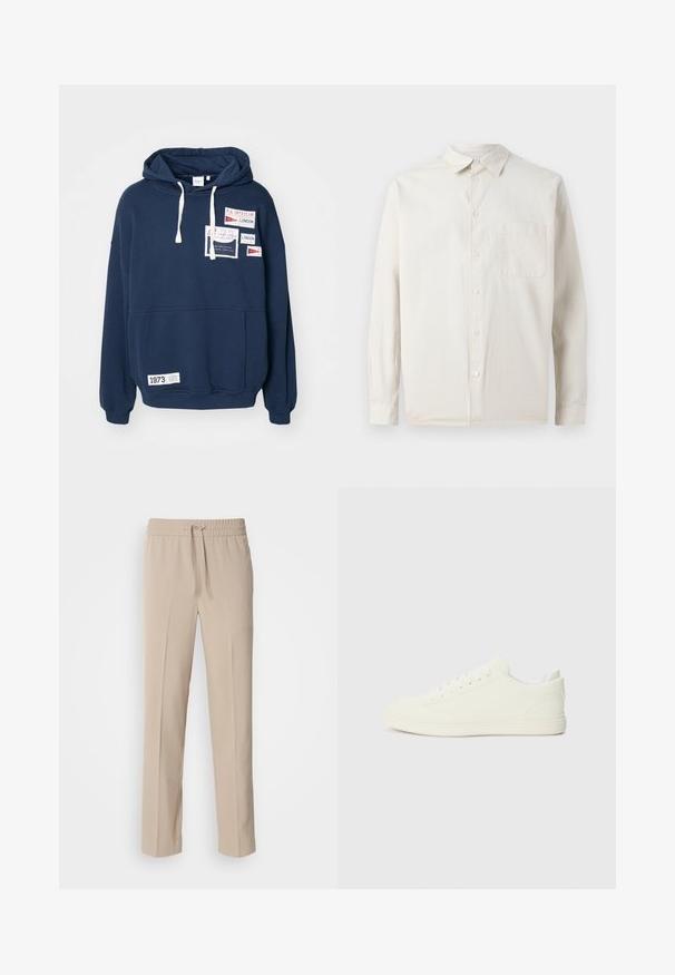 Tummansininen huppari, jossa on pitkät hihat, etutasku ja useita kangaspäällysteitä, joissa on tekstiä punaisella ja valkoisella.; Samsøe Samsøe SADAMON - Vapaa-ajan kauluspaita - off white; Beige, housut, joissa on rento istuvuus, valmistettu pehmeästä kankaasta. Niissä on joustava vyötärönyöri ja suorat lahkeet, joissa on minimaalista koristelua.; Valkoiset lenkkarit, joissa on sileä tekstiilipinta, pyöreä kärki ja perinteinen nauhakiristus, minimalistinen muotoilu ja kumipohja.