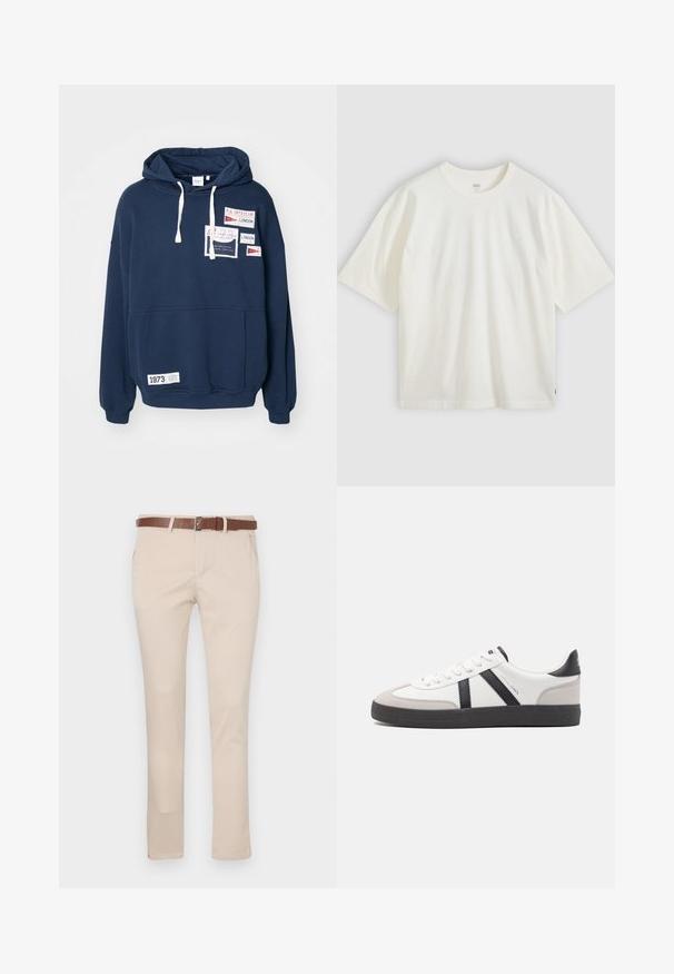 Sweatshirt à capuche bleu marine avec manches longues, poche kangourou à l'avant et plusieurs patchs en tissu avec texte en rouge et blanc.; T-shirt blanc à manches courtes en coton. Col rond, coupe décontractée, marquage discret sur la poitrine et une étiquette rouge à l'ourlet.; Chinos beige en coton, dotés d'une ceinture en cuir marron, de poches standard et d'une coupe ajustée avec une jambe droite.; Baskets blanches avec des accents noirs et gris, présentant un embout texturé gris, une semelle en caoutchouc noir et des lacets plats blancs. Design épuré, style minimaliste.