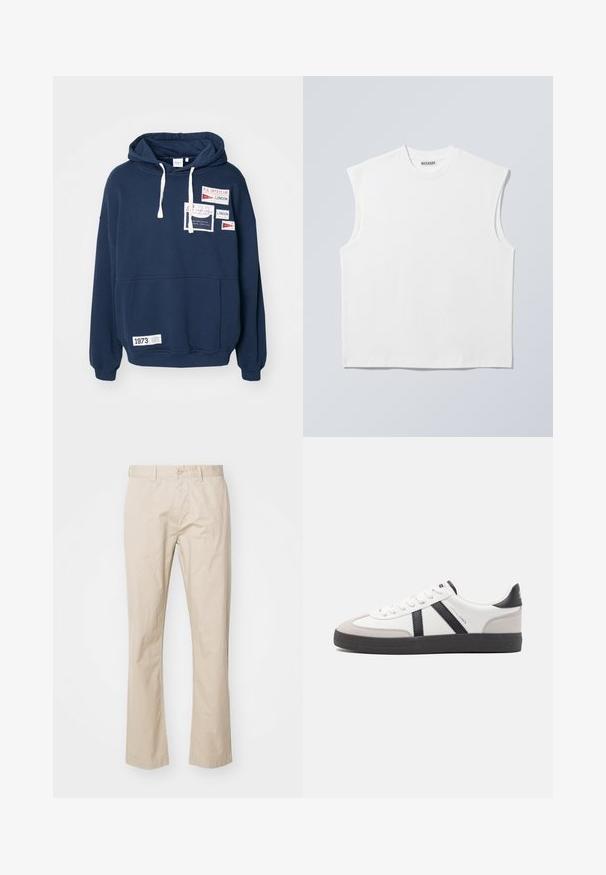 Marineblauwe sweatshirt met capuchon, lange mouwen, een voorzak en meerdere stoffen patches met tekst in het rood en wit.; Wit mouwloos katoenen top met ronde hals en gestructureerde schouders, met het merk "WEEKDAY" op het label in de kraag, afgebeeld op een lichtgrijze achtergrond.; Beige katoenen chinos met een recht gesneden ontwerp, met een knoopsluiting en subtiele plooien voor textuur. Glad stof en strakke lijnen.; Witte sneaker met zwarte en grijze accenten, voorzien van een grijze neus met textuur, zwarte rubberen zool en platte witte veters. Schoon ontwerp, minimalistische stijl.