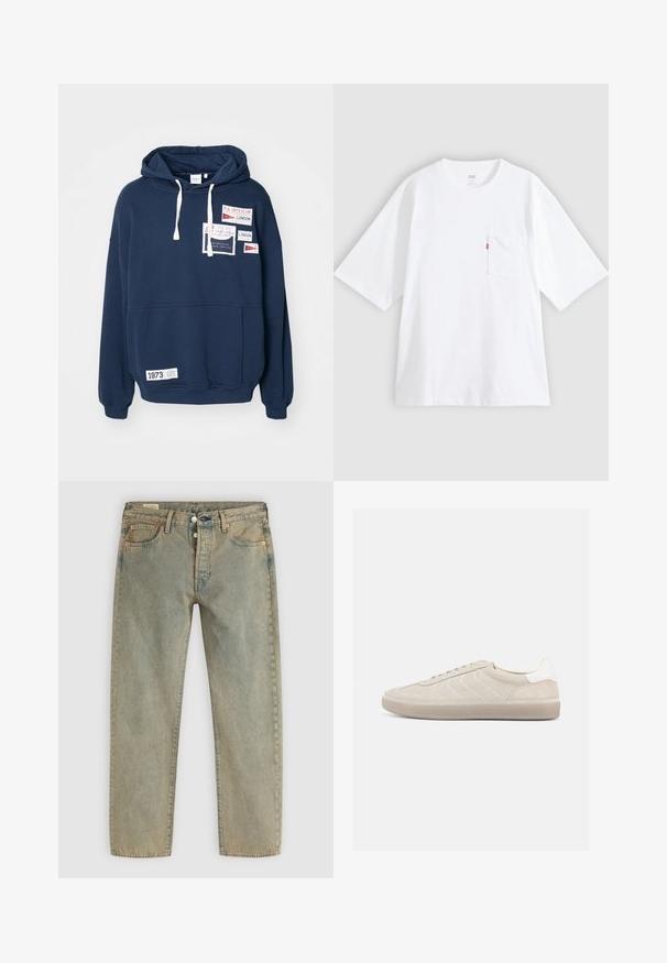 Marineblauwe sweatshirt met capuchon, lange mouwen, een voorzak en meerdere stoffen patches met tekst in het rood en wit.; Wit katoenen T-shirt met korte mouwen, ronde hals en een borstzak aan de linkerkant. Heeft een klein rood logotagje op de zak.; Lichtgewassen rechte jeans met sluiting aan de voorkant met knopen, vijf zakken, riemlussen en koperen klinknagels.; Beige suède sneaker met een gestructureerd bovenwerk, een gladde witte hielkap, dunne veters en een rubberen buitenzool. Heeft een slank, laag profiel.