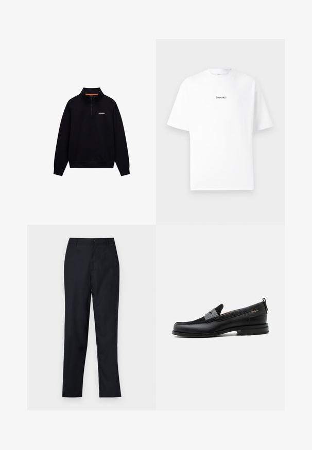 Schwarzer langärmeliger Quarter-Zip-Sweatshirt mit hohem Kragen und kleinem weißen Logo auf der linken Brust vor weißem Hintergrund.; Weißes Baumwoll-T-Shirt mit kurzen Ärmeln und Rundhalsausschnitt, ausgestattet mit einem kleinen gestickten Logo "Selected" in Schwarz auf der Brust.; Marineblaue Hose aus glattem Stoff, mit geradem Beinschnitt, einem einzigen Knopfverschluss und dezenten vorderen Falten.; Schwarzer Lederloafer mit grauem Riemendetail, niedrigem Absatz und strukturierter Sohle, seitlich mit „HUGO“ in Gold gebrandmarkt.