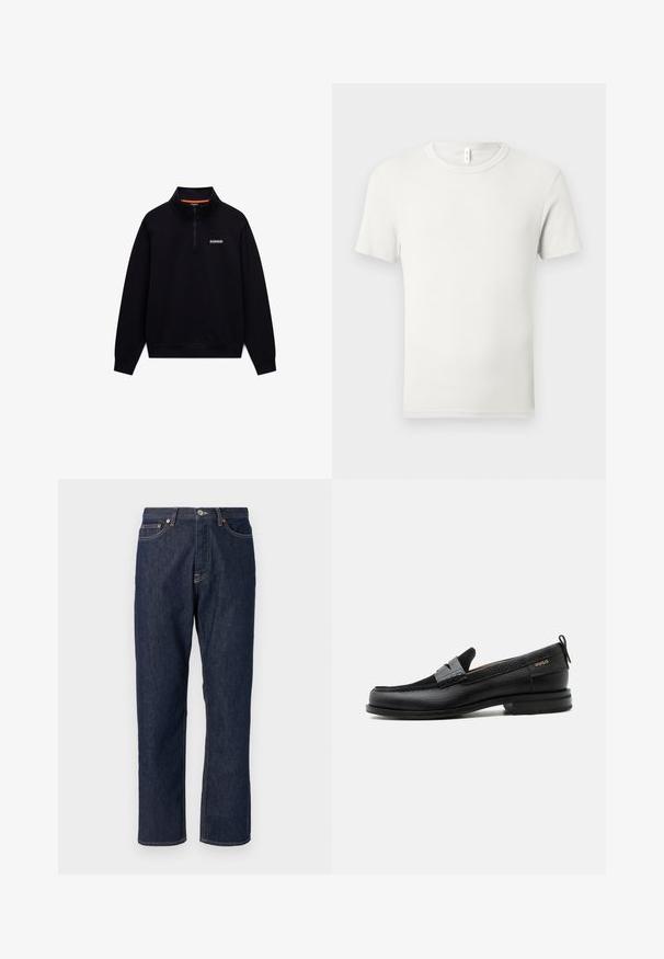 Schwarzer langärmeliger Quarter-Zip-Sweatshirt mit hohem Kragen und kleinem weißen Logo auf der linken Brust vor weißem Hintergrund.; Einfaches weißes T-Shirt mit kurzen Ärmeln und Rundhalsausschnitt, flach auf einem hellgrauen Hintergrund ausgebreitet, mit einem kleinen Stoffetikett am Kragen.; Dunkelblaue Denimjeans mit geradem Bein-Design. Verfügt über einen Knopf- und Reißverschluss, fünf Taschen und Kontrastnähte.; Schwarzer Lederloafer mit grauem Riemendetail, niedrigem Absatz und strukturierter Sohle, seitlich mit „HUGO“ in Gold gebrandmarkt.
