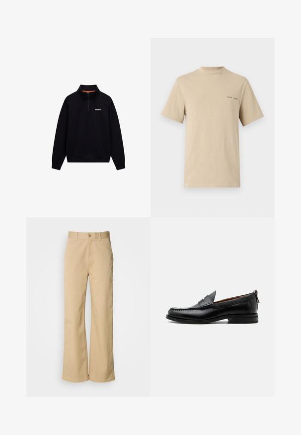 Schwarzer langärmeliger Quarter-Zip-Sweatshirt mit hohem Kragen und kleinem weißen Logo auf der linken Brust vor weißem Hintergrund.; Beige Baumwoll-T-Shirt mit rundem Ausschnitt und kurzen Ärmeln. Mit dezentem schwarzen "SAMSOE"-Textlogo auf der Brust.; Beige, weit geschnittene Hosen aus einer Baumwollmischung. Mit einem Knopfverschluss und Gürtelschlaufen. Glatte Textur mit minimalen Nähten.; Schwarzer Leder-Herrenschuh mit Mokassinnaht, Penny-Riemen, strukturiertem Kragen und niedrigem gestapeltem Absatz auf weißem Hintergrund.