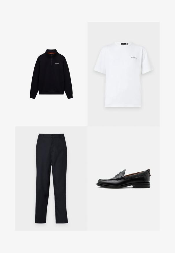 Sort langærmet kvartlynlås-sweatshirt med høj krave og lille hvidt logo på venstre bryst mod en hvid baggrund.; Hvid crew neck kortærmet t-shirt med lille sort "BELSTAFF" tekstlogo på venstre bryst.; Marineblå bukser lavet af glat stof, med lige ben design, en enkelt knaplukning og subtile forfald i fronten.; Sort læder herre loafer med moc-tå syning, penny strop, struktureret krave og lav stablet hæl på hvid baggrund.