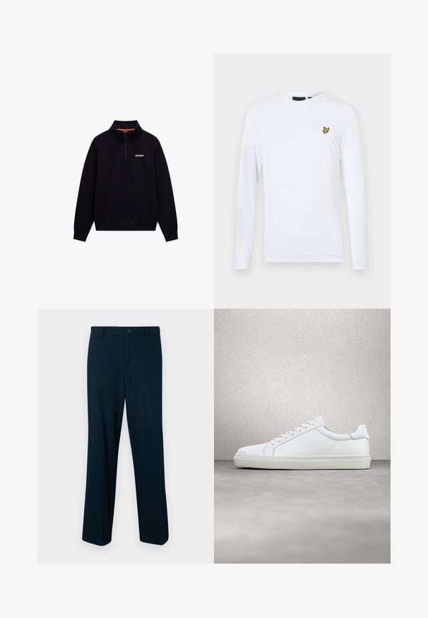 Schwarzer langärmeliger Quarter-Zip-Sweatshirt mit hohem Kragen und kleinem weißen Logo auf der linken Brust vor weißem Hintergrund.; Langärmliges weißes Hemd aus Baumwolle mit einem kleinen gelben gestickten Logo auf der linken Brust. Einfaches Design mit Rundhalsausschnitt.; Marineblaue Hose aus glattem Stoff mit Knopfverschluss, geradem Bein und minimaler Gestaltung.; Weißer Sneaker mit glattem Lederobermaterial und niedrigem Profil. Verfügt über eine runde Zehenpartie, sechs Ösen und eine strukturierte Gummisohle.