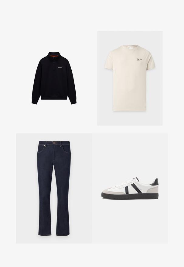 Schwarzer langärmeliger Quarter-Zip-Sweatshirt mit hohem Kragen und kleinem weißen Logo auf der linken Brust vor weißem Hintergrund.; Beige T-Shirt mit kurzen Ärmeln und Rundhalsausschnitt mit kleinem schwarzem Text "Paris Bistro" auf der linken Brustseite.; Dunkelblaue Denim-Jeans mit geraden Beinen, vorderer Knopfleiste, Gürtelschlaufen und Vordertaschen auf einfarbig hellem Hintergrund.; Weiße Sneaker mit schwarz- und grau-aczenten, ausgestattet mit einer strukturierten grauen Zehenkappe, schwarzer Gummi-Sohle und flachen weißen Schnürsenkeln. Sauberes Design, minimalistische Stil.