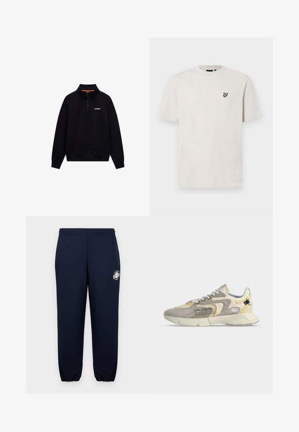 Schwarzer langärmeliger Quarter-Zip-Sweatshirt mit hohem Kragen und kleinem weißen Logo auf der linken Brust vor weißem Hintergrund.; Helles beige Baumwoll-T-Shirt mit Rundhalsausschnitt und kurzen Ärmeln, das ein kleines gesticktes Vogel-Logo auf der linken Brust trägt.; Navyblaue Sweatpants aus weichem Baumwollmaterial mit elastischen Bündchen und Bund. Mit einem weißen Lacoste Paris Logo auf dem linken Bein.; Beiger und cremefarbener Lacoste-Sneaker mit Mesh- und Wildlederüberzügen, weißen Schnürsenkeln und Markenaufdruck an der Seite, von der Außenseite gezeigt.