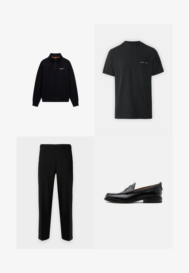 Schwarzer langärmeliger Quarter-Zip-Sweatshirt mit hohem Kragen und kleinem weißen Logo auf der linken Brust vor weißem Hintergrund.; Schwarzes Baumwoll-T-Shirt mit klassischem Rundhalsausschnitt, kurzen Ärmeln und zwei kleinen weißen "SAMSØE"-Logos auf der linken Brust.; Schwarze Hosen aus glattem Stoff, mit geradem Schnitt, zwei vorderen Taschen und einem Reißverschluss mit Knopfverschluss.; Schwarzer Leder-Herrenschuh mit Mokassinnaht, Penny-Riemen, strukturiertem Kragen und niedrigem gestapeltem Absatz auf weißem Hintergrund.