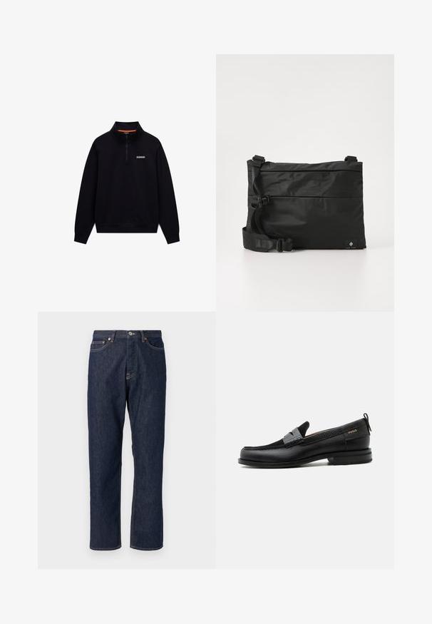 Sort langærmet kvartlynlås-sweatshirt med høj krave og lille hvidt logo på venstre bryst mod en hvid baggrund.; Mørkeblå denim jeans med lige ben-design. Har knappelukning og lynlås, fem lommer og kontraststikningsdetaljer.; Sort læderloafer med grå remdetalje, lav hæl og tekstureret sål, mærket med "HUGO" i guld på siden.; Sort nylon messenger-taske med justerbar rem, fladt design og et sideetiket med et logo. Glat tekstur og minimalistisk stil.