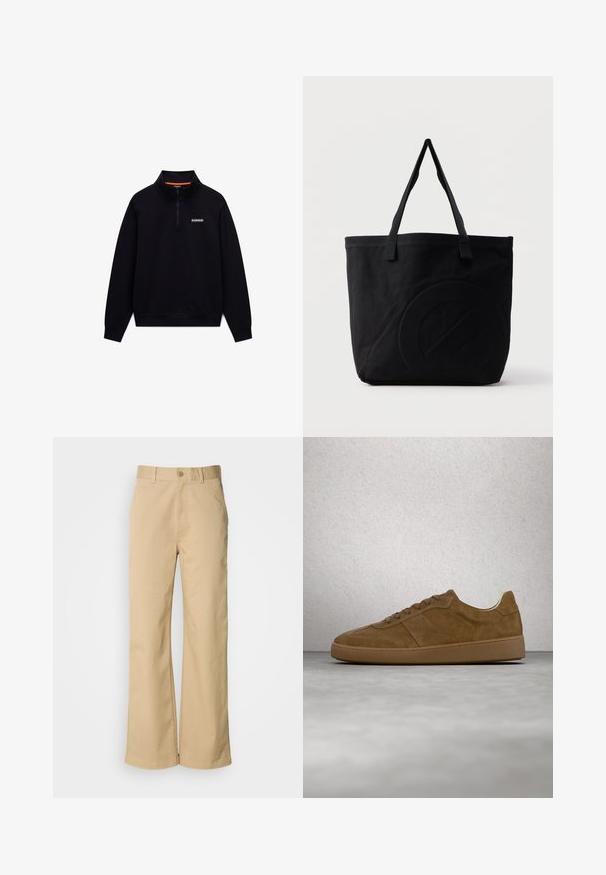 Schwarzer langärmeliger Quarter-Zip-Sweatshirt mit hohem Kragen und kleinem weißen Logo auf der linken Brust vor weißem Hintergrund.; Beige, weit geschnittene Hosen aus einer Baumwollmischung. Mit einem Knopfverschluss und Gürtelschlaufen. Glatte Textur mit minimalen Nähten.; Brauner Veloursleder-Sneaker mit hellbraunen Schnürsenkeln und Gummisohle. Verfügt über eine abgerundete Zehenpartie und gestickte Details am Obermaterial. Leichtes Design.; Schwarze Canvas-Shopper-Tasche mit zwei Schulterriemen und einem dezenten, eingeprägten kreisförmigen Design auf der Vorderseite.