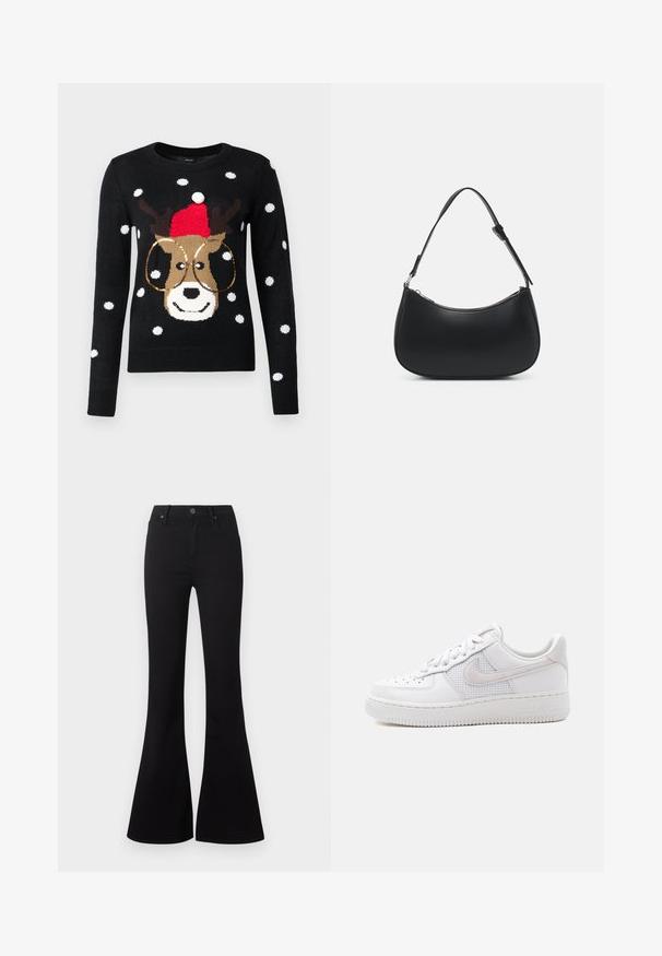 Pull noir avec un motif de renne portant un chapeau rouge, un pompon blanc et des lunettes dorées. Agrémenté de motifs de flocons de neige blancs.; Jeans noirs taille haute flare avec bouton sur le devant et poches, présentés sur fond blanc.; Baskets Nike Air Force 1 basses blanches avec lacets blancs, perforations sur l'embout, et panneau en mesh derrière le logo Nike Swoosh.; Pieces PCALUANA SHOULDER BAG - Sac à main - black