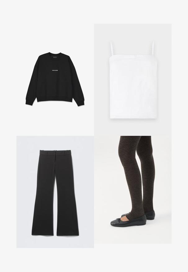 Zwarte sweatshirt met een ronde hals en ribgebreide manchetten. Voorzien van een wit "PEGADOR" logo op de voorkant. Gemaakt van zachte stof met een ontspannen pasvorm.; Witte katoenen top met dunne verstelbare bandjes, rechte halslijn en een zachte textuur. Eenvoudig ontwerp, geen zichtbare patronen of hardware.; Zwarte uitlopende broek met een gladde stofstructuur, voorzien van een klassieke tailleband en een verborgen ritssluiting aan de voorkant. Geen zichtbare patronen of accenten.; Benen met donkere geribbelde leggings gecombineerd met zwarte ballerina's met kleine strikdetails op een witte achtergrond.