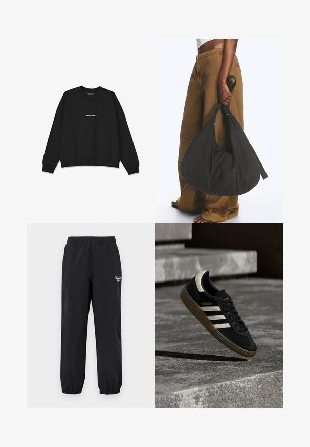 Schwarzer Pullover mit Rundhalsausschnitt und gerippten Bündchen. Verfügt über ein weißes "PEGADOR"-Logo auf der Vorderseite. Hergestellt aus weichem Stoff mit lockerer Passform.; Schwarze Hosen mit elastischem Bund und elastischen Bündchen sowie einem kleinen weißen Carhartt-Logo am oberen linken Oberschenkel.; Schwarzer Adidas-Sneaker mit weißen Streifen und Gummisohle schwebt über grauen Betonstufen im natürlichen Licht.; Person trägt braune weite Hose und weißes Oberteil und hält eine große schwarze weiche Handtasche an der Seite am Trageriemen.