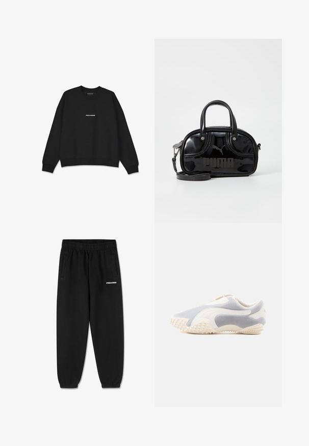 Schwarzer Pullover mit Rundhalsausschnitt und gerippten Bündchen. Verfügt über ein weißes "PEGADOR"-Logo auf der Vorderseite. Hergestellt aus weichem Stoff mit lockerer Passform.; Schwarze Jogginghose aus weichem Stoff, mit einem Kordelzugbund, schmal zulaufenden Beinen und seitlichen Taschen. "PEGADOR" Logo in Weiß auf der Vorderseite.; Sport Schuh aus hellgrauem Wildleder mit weißen Lederakzenten. Merkmale eine strukturierte Sohle mit kleinen Stollen für besseren Halt. Slip-On-Design.; Schwarze Lacklederhandtasche mit doppelten Griffen oben, abnehmbarem Schulterriemen, runder Form und hervorgehobenem geprägten "PUMA"-Logo.