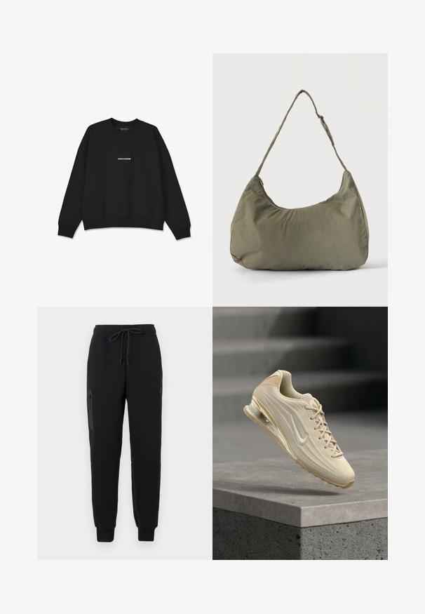 Zwarte sweatshirt met een ronde hals en ribgebreide manchetten. Voorzien van een wit "PEGADOR" logo op de voorkant. Gemaakt van zachte stof met een ontspannen pasvorm.; Zwarte joggingbroek met een verstelbare tailleband, een ritszak aan de zijkant en smalle cuffs. Gemaakt van een zachte, gestructureerde stof.; Beige Nike sneaker met gestructureerd bovenwerk, wit swoosh-logo, veters en luchtgeveerde zool, zwevend boven een betonnen richel.; Schoudertas van zacht olijfgroen stof met ritssluiting en verstelbare band op een effen lichte achtergrond.