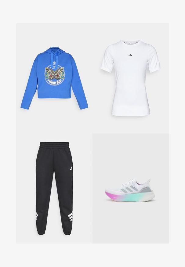 Blå cropped hoodie med sommerfugle- og grøn plantegrafik, "Adidas" logo og "Farm Rio" tekst på forsiden, med hætte og snore.; Hvid atletisk skjorte med korte ærmer, lavet af glat, strækbart stof. Har et lille sort Adidas-logo på brystet.; Sorte sweatpants med elastisk talje, tapered ben og hvidt tre-stribedesign på siderne. Lavet af blødt stof.; Hvid Adidas løbesko med grå striber og en tyk sål, der går fra pink til grøn, med teksten "Lightboost" og "Ultraboost".