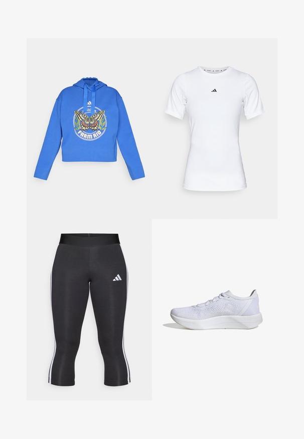 Blauwe cropped hoodie met vlinder- en groene plantgrafiek, "Adidas"-logo en "Farm Rio"-tekst aan de voorkant, met een capuchon en trekkoorden.; Witte sportshirt met korte mouwen, gemaakt van zachte, rekbare stof. Voorzien van een klein zwart Adidas-logo op de borst.; Zwarte capri leggings met een brede tailleband, voorzien van witte zijkanten en een wit Adidas logo op de linker dij. Glad textuur.; Witte sportieve schoen met een ademend mesh bovenwerk, vetersluiting, gevoerde kraag en een gestructureerde rubberen zool voor grip.
