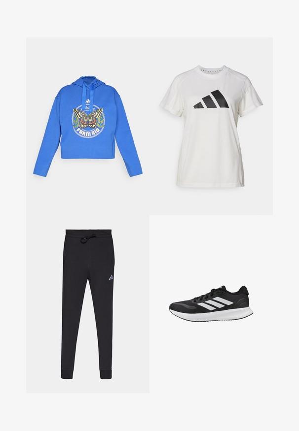 Sudadera corta azul con gráfico de mariposa y planta verde, logo de "Adidas" y texto "Farm Rio" en el frente, con capucha y cordones.; Camiseta atlética blanca de tejido suave. Presenta mangas cortas y un gran logotipo negro de Adidas con tres rayas debajo.; Pantalones deportivos negros hechos de una tela suave, con cintura elástica y cordón, piernas ajustadas y un pequeño logo blanco de Adidas en el muslo izquierdo.; Zapatilla de running negra con suela blanca y tres rayas blancas en el lateral, vista de perfil contra un fondo blanco.