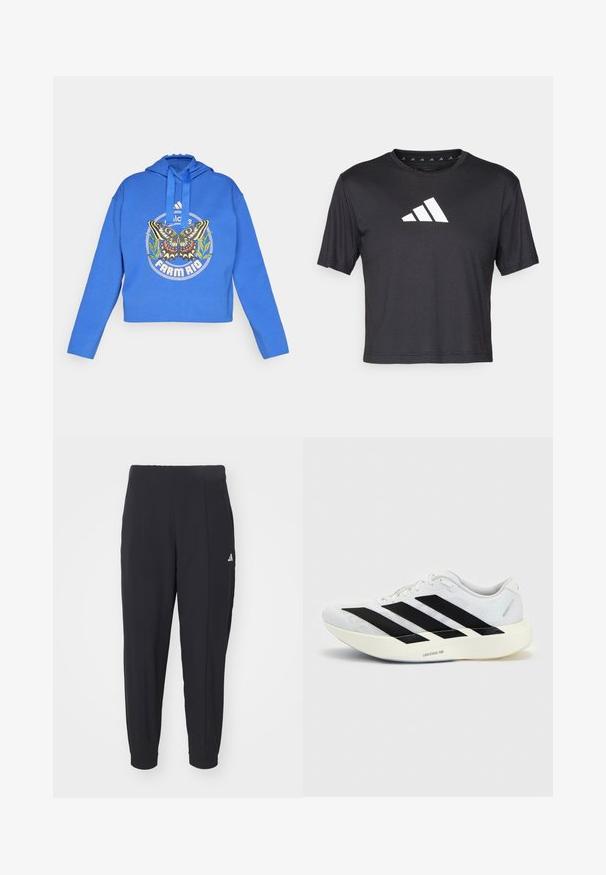 Blå cropped hoodie med sommerfugle- og grøn plantegrafik, "Adidas" logo og "Farm Rio" tekst på forsiden, med hætte og snore.; Sort cropped t-shirt lavet af glat stof, prydet med et hvidt Adidas-logo på brystet, rund halsudskæring og korte ærmer.; Sorte træningsbukser lavet af et glat stof. Taperet design med elastiske manchetter. Har et lille hvidt logo på venstre hofte.; Hvid løbesko med sort tre-stribet design på siden og tyk hvid sål mærket "Lightstrike Pro" på ensfarvet baggrund.