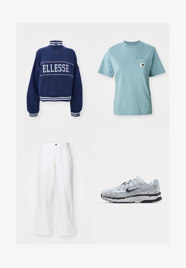 Ellesse SIONTO - Sweatshirt - navy; Lyseblå kortærmet bomulds T-shirt med brystlomme og et lille sort-hvidt Carhartt logo patch.; Hvide bomuldsbukser med lige ben-design, der har en knaplukning, sidelommer og en afslappet pasform. Glat tekstur.; Nike P-6000 sneakers med en lys grå mesh overdel, sorte accenter og en holdbar sort gummisål. Har et detaljeret design og snøresystem.