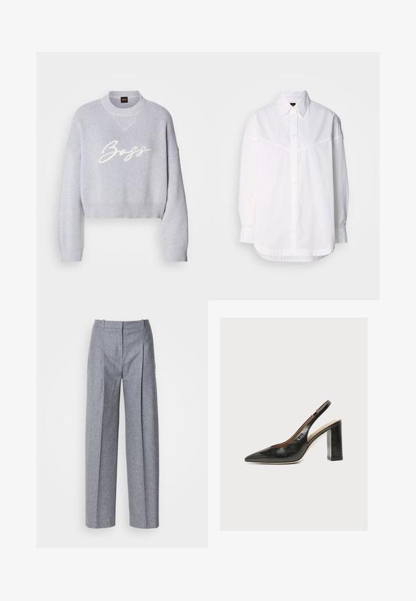 Lys grå cropped sweater med ribbet tekstur, brede ærmer og en strikket rund halsudskæring. Har den hvide "Boss" logo på forsiden.; Hvid langærmet skjorte lavet af bomuld, med en knap-ned krave, frontknapper og en afslappet pasform med subtile syninger.; Lys grå bredbenede bukser i et struktureret stof, med plisseringer foran og en skræddersyet talje. Minimalistisk design, ingen synlig hardware.; Sort dameslingback pumpe i læder med spids tå og tyk høj blokhæl på hvid baggrund.