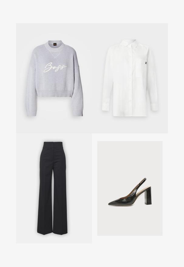 Lichtgrijze cropped trui met ribbeltextuur, brede mouwen en een gebreide ronde hals. Bevat een witte "Boss" logo op de voorkant.; Witte langemouwenshirt gemaakt van een katoenmix, met een button-down kraag, een borstzak en een klein zwart logo op de borst.; Wijdvallende broek in zwarte stof met een hoge tailleband, met een schone afwerking en een gladde textuur. Geen zichtbare hardware of patronen.; Zwarte leren dames slingbackpumps met spitse neus en dikke hoge blokhak op witte achtergrond.