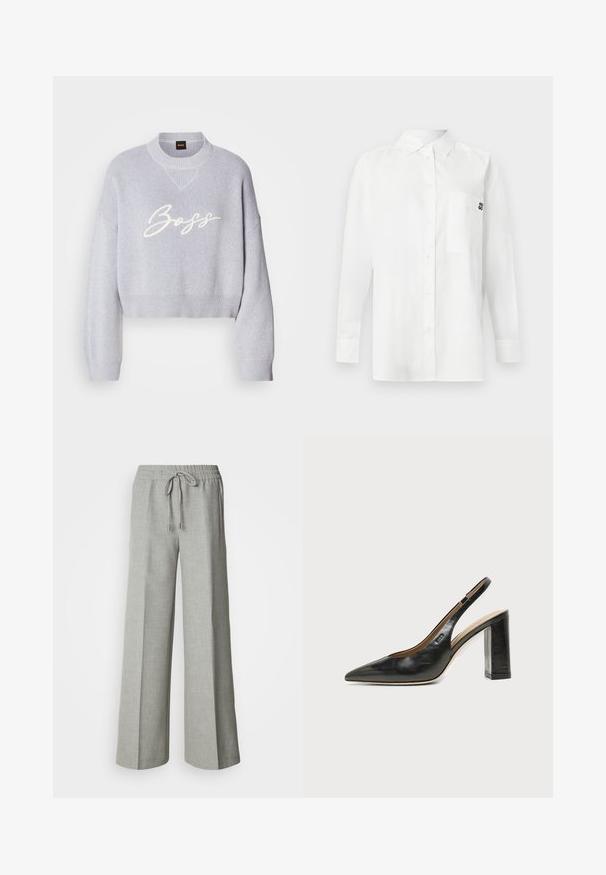 Suéter corto de color gris claro con textura de canalé, mangas anchas y cuello redondo de punto. Presenta el logotipo blanco "Boss" en la parte delantera.; Camisa blanca de manga larga hecha de una mezcla de algodón, con cuello abotonado, bolsillo frontal y un pequeño logo negro en el pecho.; Pantalones anchos de pierna recta en gris claro con cintura elástica y cordón, bolsillos delanteros y una tela con textura sutil.; Zapato slingback de piel negra con puntera puntiaguda, tacón alto y ancho, y forro interior beige sobre un fondo claro y liso.