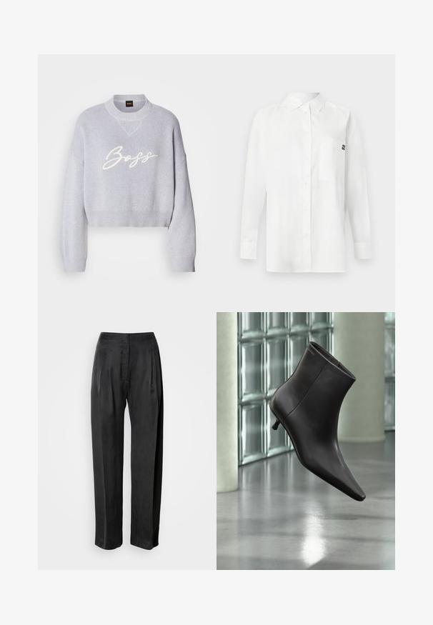 Lichtgrijze cropped trui met ribbeltextuur, brede mouwen en een gebreide ronde hals. Bevat een witte "Boss" logo op de voorkant.; Witte langemouwenshirt gemaakt van een katoenmix, met een button-down kraag, een borstzak en een klein zwart logo op de borst.; Zwarte broek met wijde pijpen van gladde stof, voorzien van plooien aan de voorkant, een ritssluiting en een klassieke tailleband.; Zwarte leren enkellaars met puntige neus en lage hak, afgebeeld tegen een glazen blokkenmuur en gepolijste vloer op de achtergrond.
