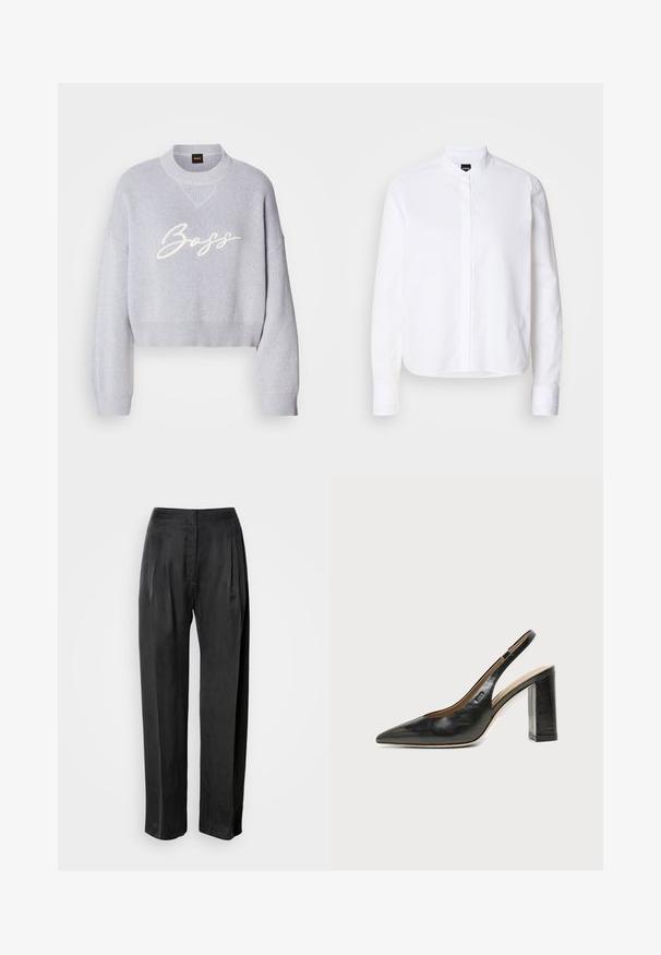 Suéter corto de color gris claro con textura de canalé, mangas anchas y cuello redondo de punto. Presenta el logotipo blanco "Boss" en la parte delantera.; Camisa blanca de cuello con pliegue frontal, de mangas largas y puños con botón. Fabricada en un suave tejido de algodón con un corte estructurado.; Pantalones negros de pernera ancha hechos de tela suave, con pliegues frontales, cremallera y diseño clásico de cinturilla.; Zapato slingback de piel negra con puntera puntiaguda, tacón alto y ancho, y forro interior beige sobre un fondo claro y liso.