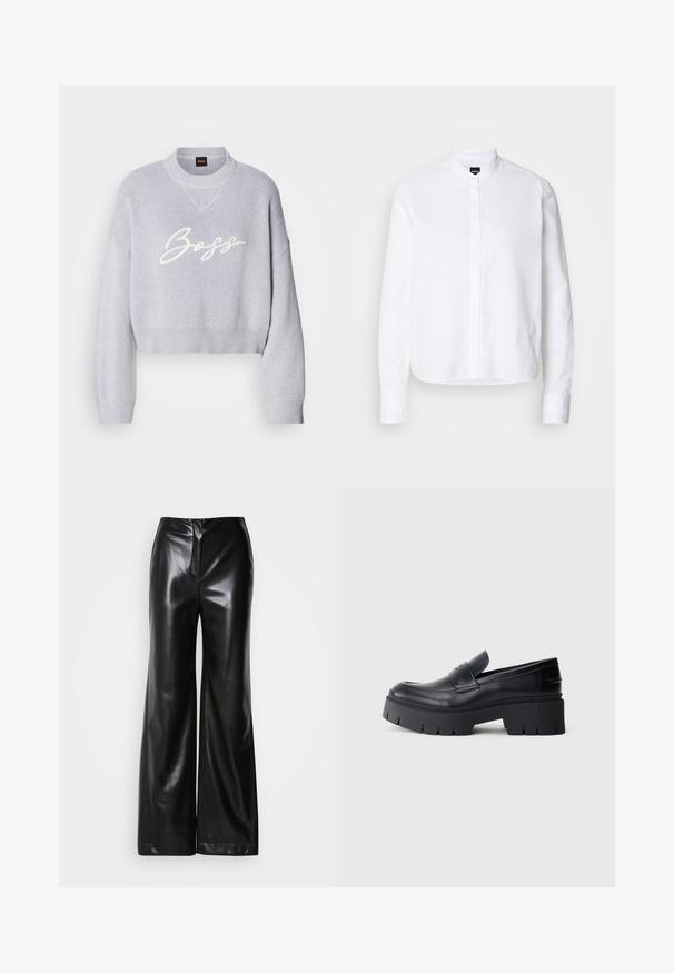 Hele hall sweater lühikeste varrukatega, ribakudumisega, laiad varrukad ja kudumisega ümar kaelus. Esiküljel on valge "Boss" logo.; Valge kaelusega särk, millel on eesmine pliiats, pikad varrukad ja nööbid mansetis. Valmistatud siledast puuvillakanga, millel on struktureeritud lõige.; Mustmustest mustjalad siledast tekstuurist, kõrge vöökoht ja peidetud eesmine tõmblukk. Üksikasjalik sobivus ja puhas viimistlus.; Must jaotusega platvormi loafer, millel on sile nahaülemine, dekoratiivne rihm ja paks tekstureeritud tald valgel taustal.